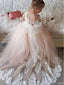 Flower Girl Dresses with Long Train O-Neck with Lace Wedding Gowns for Kids Birthday Party Girl Dresses,FGS0032
