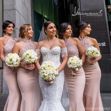 Sexy Pink Halter Sleeveless Lace Mermaid Long Bridesmaid Dresses Online, BG867
