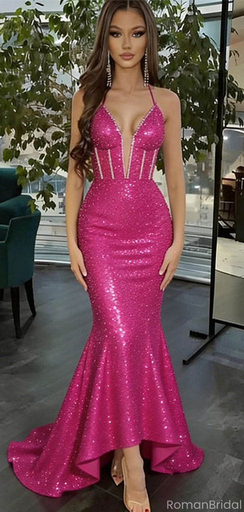 Modern Hot Pink Sequin Prom Gown Sexy Illusion V-Neck Mermaid Sparkly Evening Dress,OLP1745
