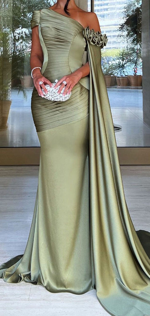 Elegant Green One-Shoulder Sleeveless Mermaid Long Prom Dress Ideas, Evening Party Dresses ,OLP1178