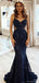 Sexy Navy Sequin Mermaid Prom Dress Sheer Side Cutout Formal Gown,OLP1803