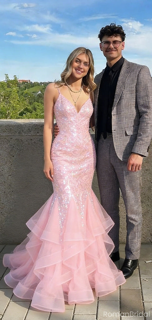 Sexy Pink Sequin Mermaid Prom Dress with Ruffled Tulle Bottom and V-Neck Sparkly Gown,OLP1754