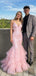 Sexy Pink Sequin Mermaid Prom Dress with Ruffled Tulle Bottom and V-Neck Sparkly Gown,OLP1754