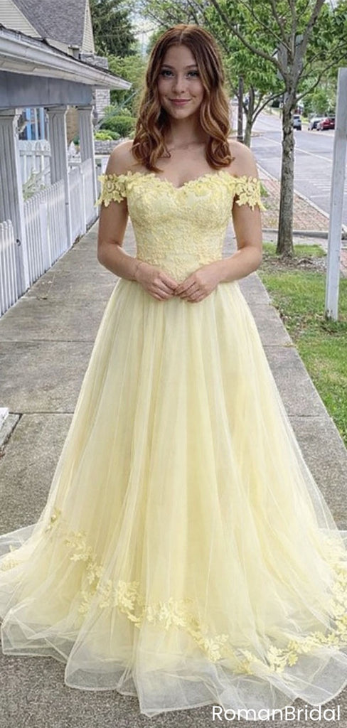 Beautiful Off-the-Shoulder Light Yellow Prom Dress with Floral Lace Applique,OLP1867