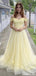 Beautiful Off-the-Shoulder Light Yellow Prom Dress with Floral Lace Applique,OLP1867