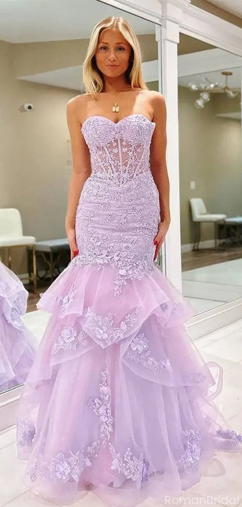 Fancy Lavender Lace Mermaid Prom Gown Strapless Tiered Formal Dress,OLP1788