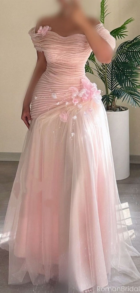 Elegant Pink Off-Shoulder A-Line Long Prom Dress Ideas, Evening Party Dresses, OLP1481