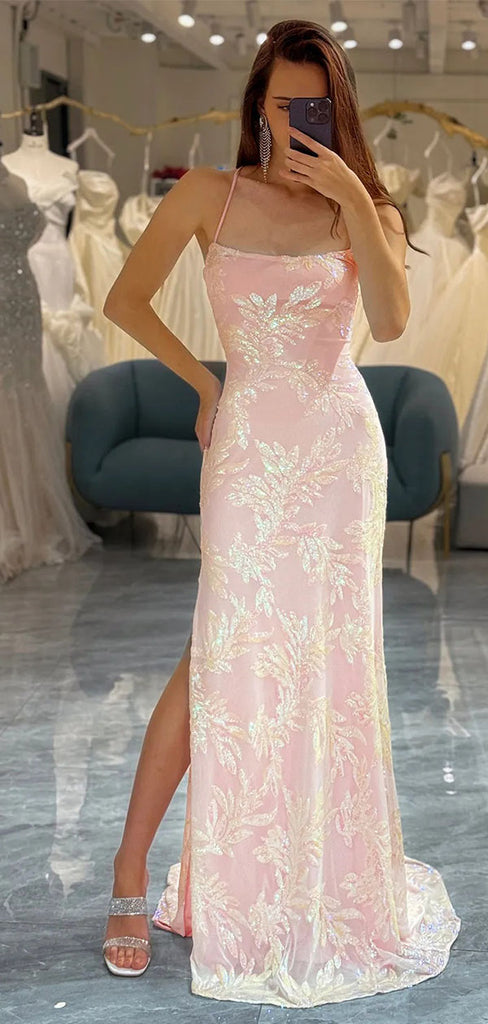 Elegant Pink Spaghetti Strap Sleeveless Mermaid Long Prom Dress Ideas, Evening Party Dresses ,OLP1195