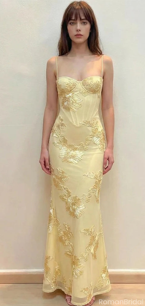Classy Yellow Floral Embroidered Prom Dress Spaghetti Strap Corset Back Maxi Party Gown,OLP1738