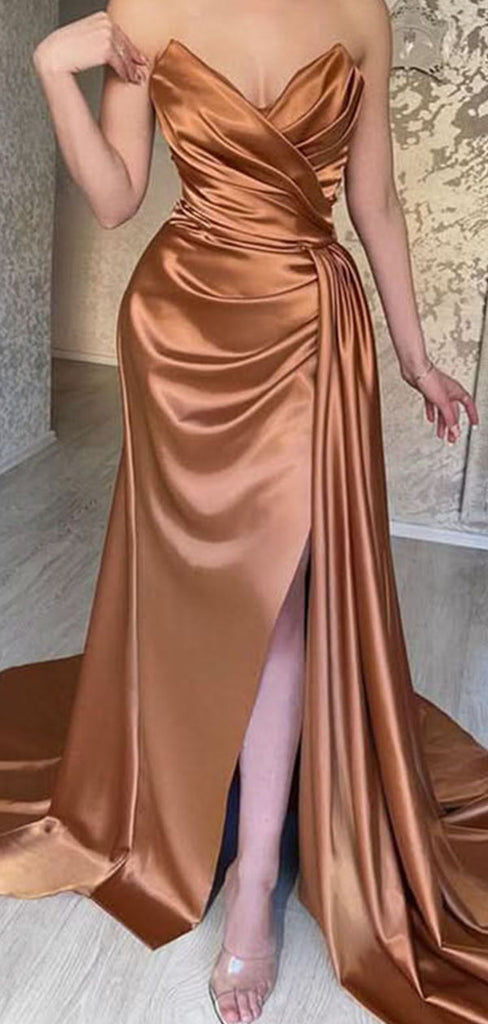 Elegant Gold Sweetheart Sleeveless Mermaid Side Slit Long Prom Dress Ideas, Evening Party Dresses ,OLP1184