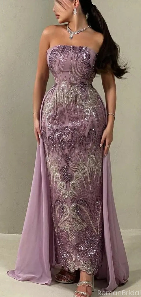 Sparkly Purple Sweetheart Applique Long Sleeve Mermaid Long Prom Dress Ideas, Evening Party Dresses, OLP1399