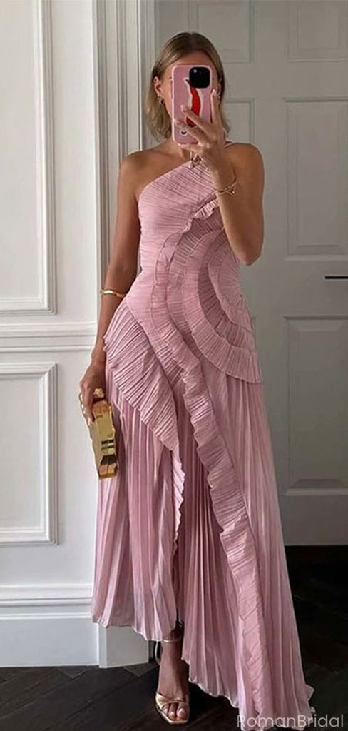 Unique Dusty Rose High Neck Pleated Prom Dress Asymmetrical Ruffle Evening Gown,OLP1819
