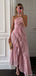 Unique Dusty Rose High Neck Pleated Prom Dress Asymmetrical Ruffle Evening Gown,OLP1819