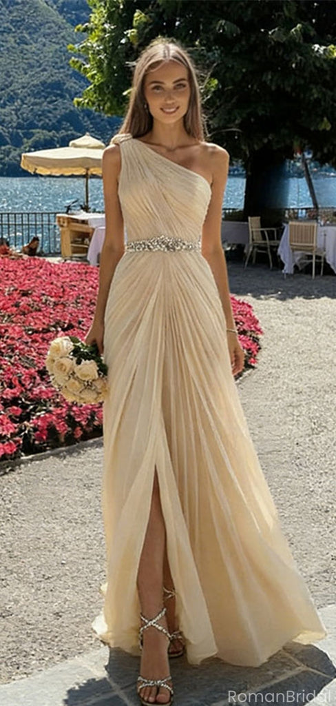 Elegant Champagne One Shoulder Chiffon Prom Dress,Evening Party Dress,OLP1856