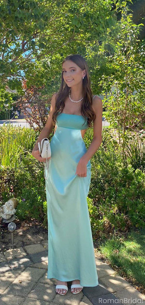 Modern Teal Satin Cutout Evening Gown Sleeveless Square Neck Backless Formal Prom Dress,OLP1761