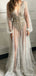 Fancy Silver Sheer Prom Dress V-Neck Long Bishop Sleeve Sequin A-Line Gowns,OLP1767