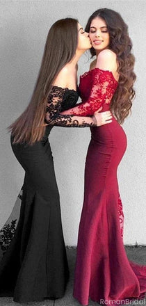 Sexy Black Long Sleeve Mermaid Lace Applique Long Prom Dress Ideas, Evening Party Dresses, OLP1329