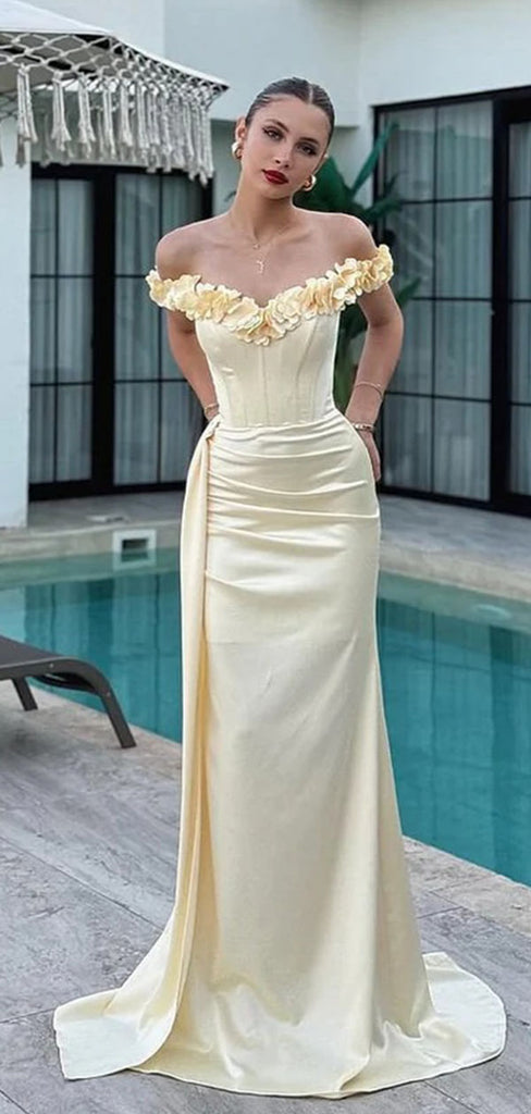 Elegant Yellow Floral Off-Shoulder Mermaid Long Prom Dress Ideas, Evening Party Dresses , OLP1245