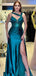 Unique Teal Spaghetti Strap Mermaid Side Slit Long Prom Dress Ideas, Evening Party Dresses, OLP1585
