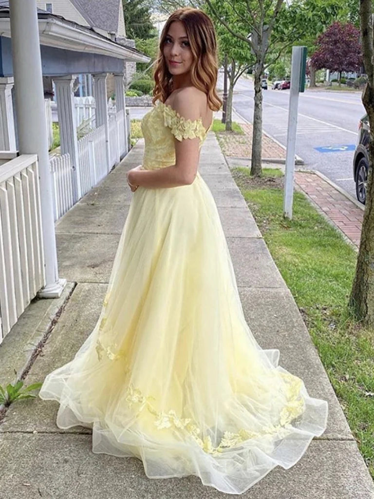 Beautiful Off-the-Shoulder Light Yellow Prom Dress with Floral Lace Applique,OLP1867