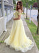 Beautiful Off-the-Shoulder Light Yellow Prom Dress with Floral Lace Applique,OLP1867