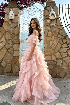 Modern Pink Off-the-Shoulder Ruffled Floor-Length Prom Dress with Corset,OLP2209