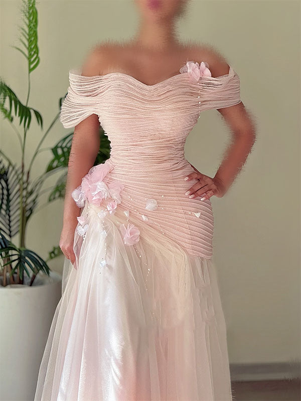 Elegant Pink Off-Shoulder A-Line Long Prom Dress Ideas, Evening Party Dresses, OLP1481