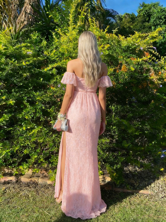Elegant Pink Sweetheart Short Sleeve Lace Prom Dress with High Side Slit,OLP1809