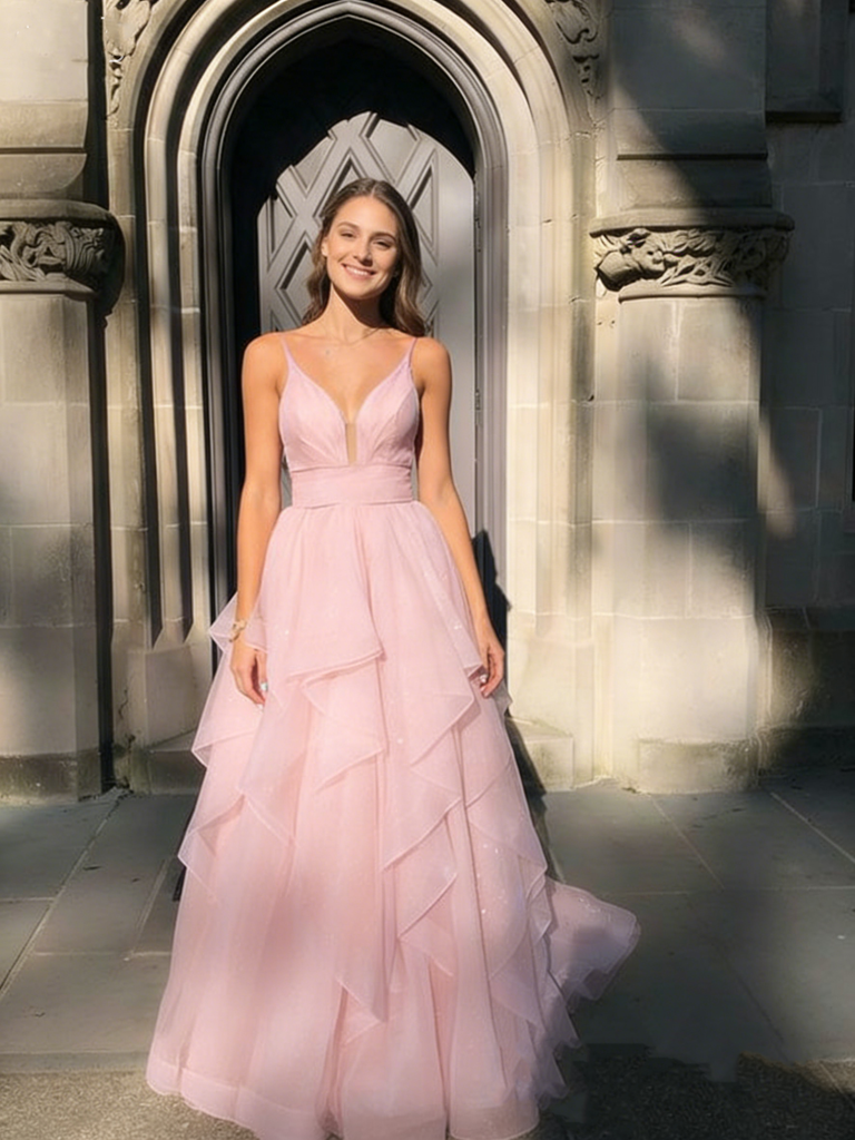 Fancy Pink V Neck Tulle Prom Dress with Shimmering Tiered A Line Skirt,OLP2035