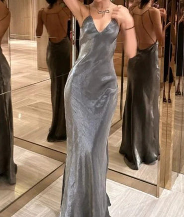 Elegant Gray Spaghetti Strap Mermaid Long Prom Dress Ideas, Evening Party Dresses, OLP1347