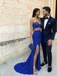 Sexy One Shoulder Royal Blue Prom Dress Lace Cutout High Slit Satin Column,OLP2148
