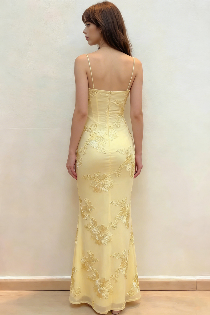 Classy Yellow Floral Embroidered Prom Dress Spaghetti Strap Corset Back Maxi Party Gown,OLP1738