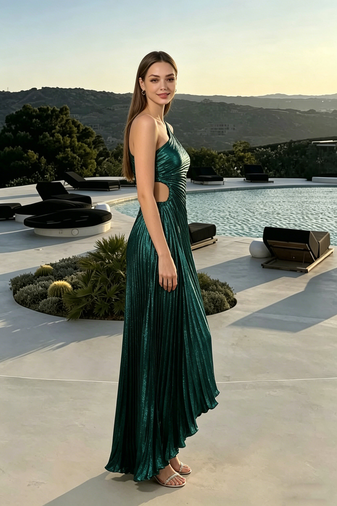 Modern Emerald Green One Shoulder Prom Dress with Pleated Cutout Detail,OLP2232