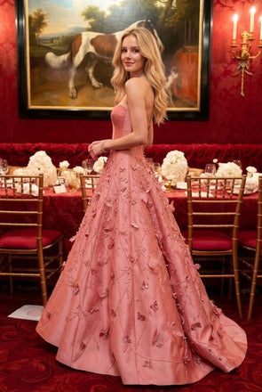 Classy Pink Ball Gown 3D Floral Appliques Sexy Strapless Neckline Prom Dress,OLP2303