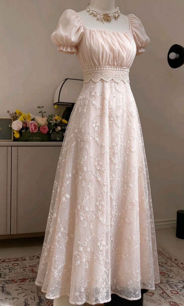 Modern Champagne Pink Puff Sleeve Lace Prom Dress Empire Waist Long Tulle,OLP2447