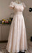 Modern Champagne Pink Puff Sleeve Lace Prom Dress Empire Waist Long Tulle,OLP2447