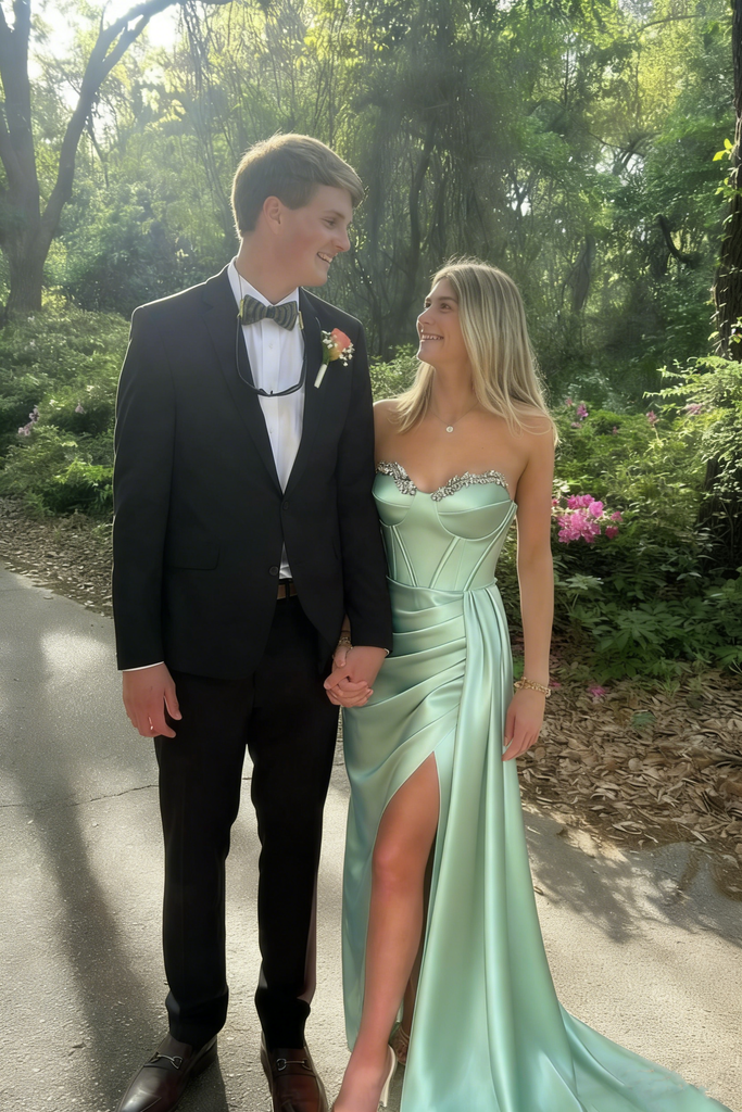 Modern Sage Green Satin Corset Prom Dress with Crystal Bodice and High Slit,OLP1885