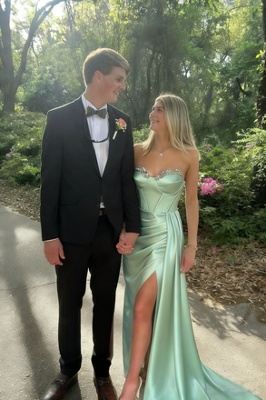 Modern Sage Green Satin Corset Prom Dress with Crystal Bodice and High Slit,OLP1885