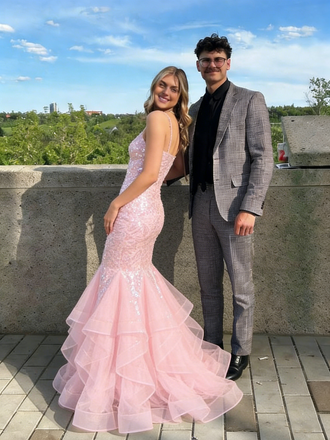Sexy Pink Sequin Mermaid Prom Dress with Ruffled Tulle Bottom and V-Neck Sparkly Gown,OLP1754