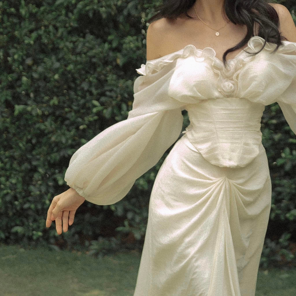 Unique Floral White V-Neck Long Sleeve Long Prom Dress Ideas, Evening Party Dresses, OLP1460