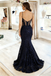 Sexy Navy Sequin Mermaid Prom Dress Sheer Side Cutout Formal Gown,OLP1803