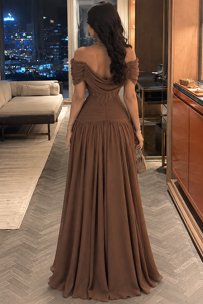 Rich Chocolate Brown Draped Cowl Neck Corset A-Line Chiffon Prom Dress,OLP249
