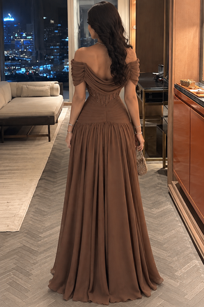 Rich Chocolate Brown Draped Cowl Neck Corset A-Line Chiffon Prom Dress,OLP2419