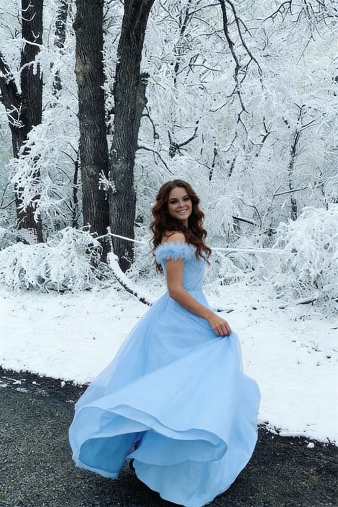 Dreamy Off Shoulder Light Blue Prom Dress Feather Sleeve Tulle A Line Formal Gown,OLP2154