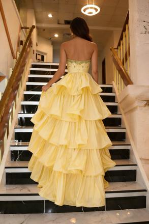 Yellow Strapless Ball Gown Prom Dress Beaded Bodice Satin A-line Formal Gown,OLP2168