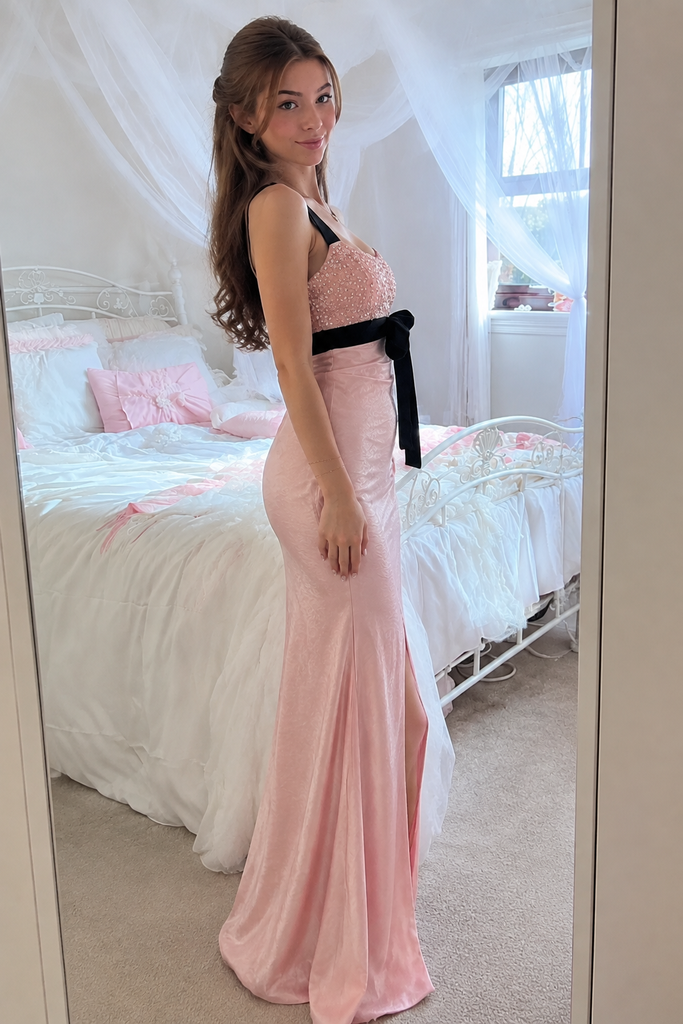 Sexy Pink Sequin Halter High Slit Column Prom Dress Black Bow,OLP253