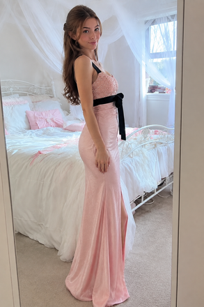 Sexy Pink Sequin Halter High Slit Column Prom Dress Black Bow,OLP2423