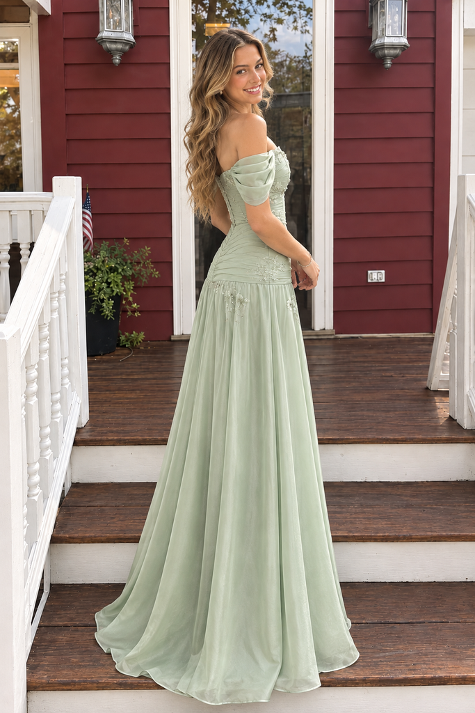 Pretty Sage Green Off-Shoulder Embroidered Chiffon A-Line Prom Dress,OLP2471