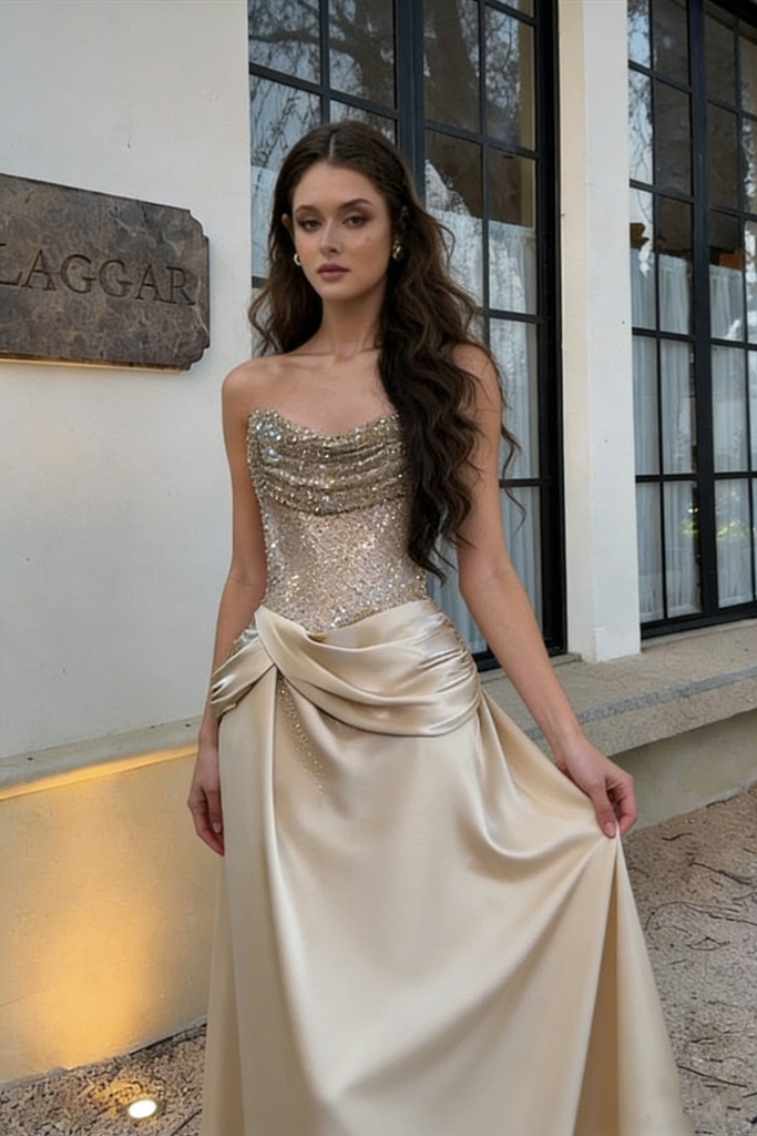 Unique Champagne Gold Satin Prom Dress Strapless Corset Bodice Draped Skirt,OLP1965