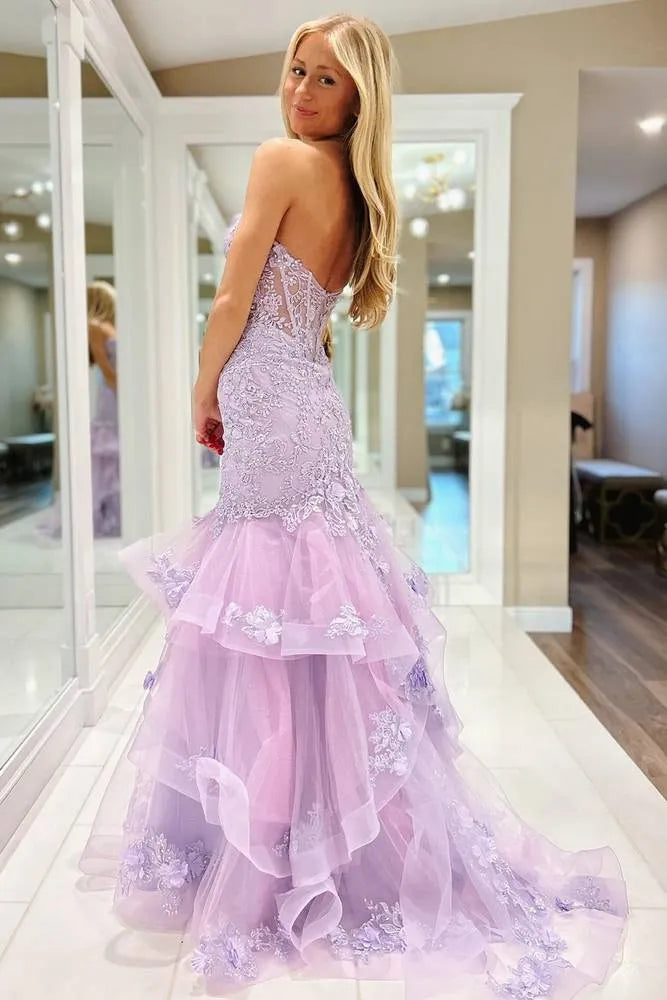 Fancy Lavender Lace Mermaid Prom Gown Strapless Tiered Formal Dress,OLP1788